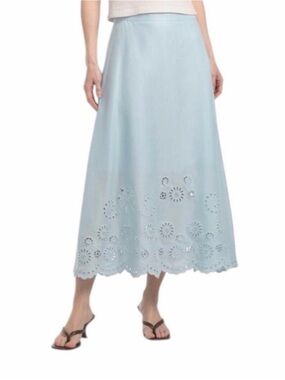 Tahari Eyelet Hem Linen Midi Black A Line Skirt Classic Women’s Size 4